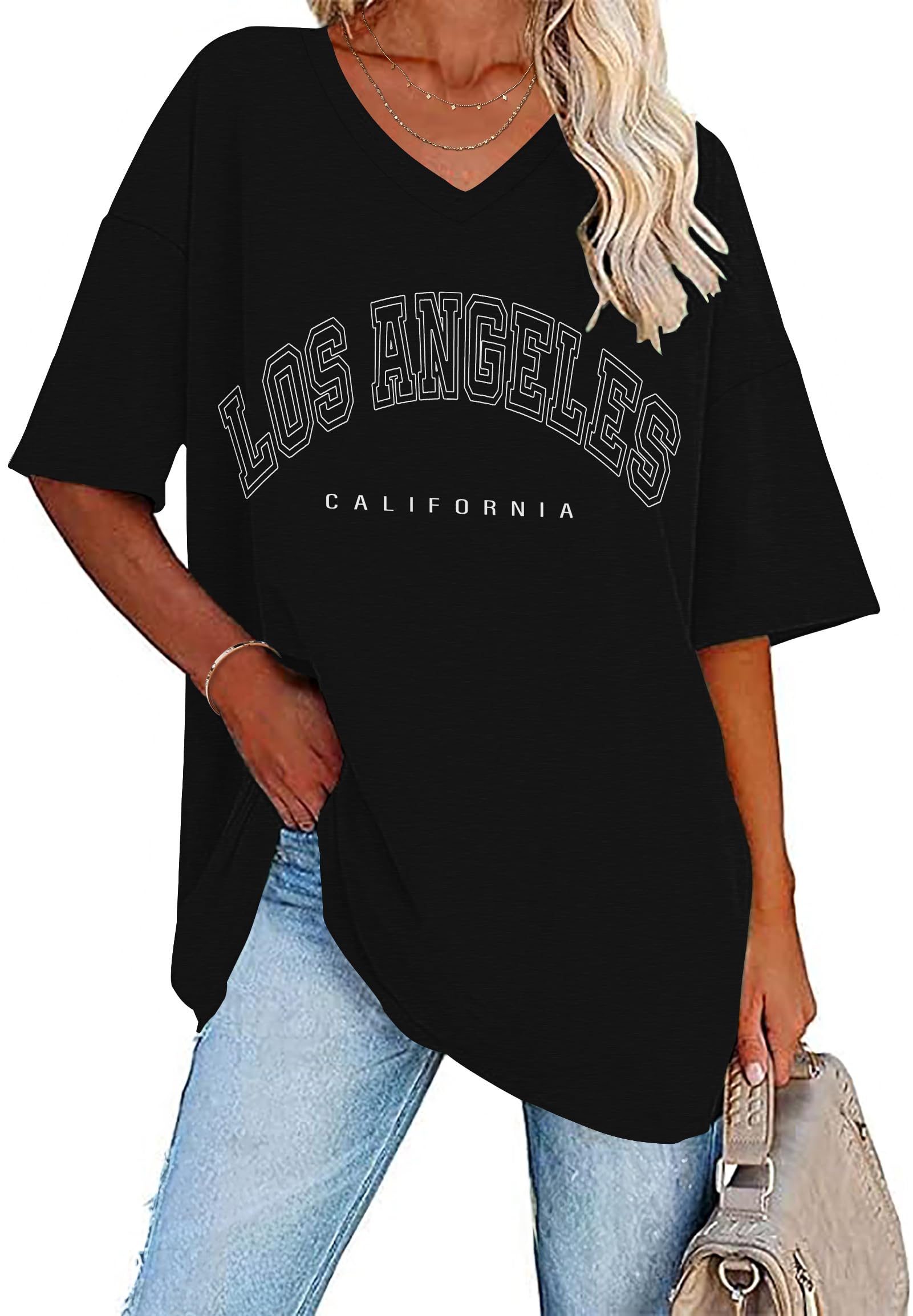 WNEEDU T-Shirt Damen Sommer Oversize Shirt Kurzarm V Ausschnitt Oberteile lässiges Top