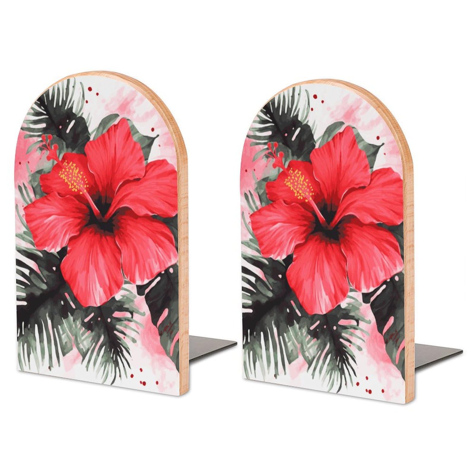 Serre-livres en bois de hêtre premium motif hibiscus rouge, accessoire de bureau élégant de 17 cm