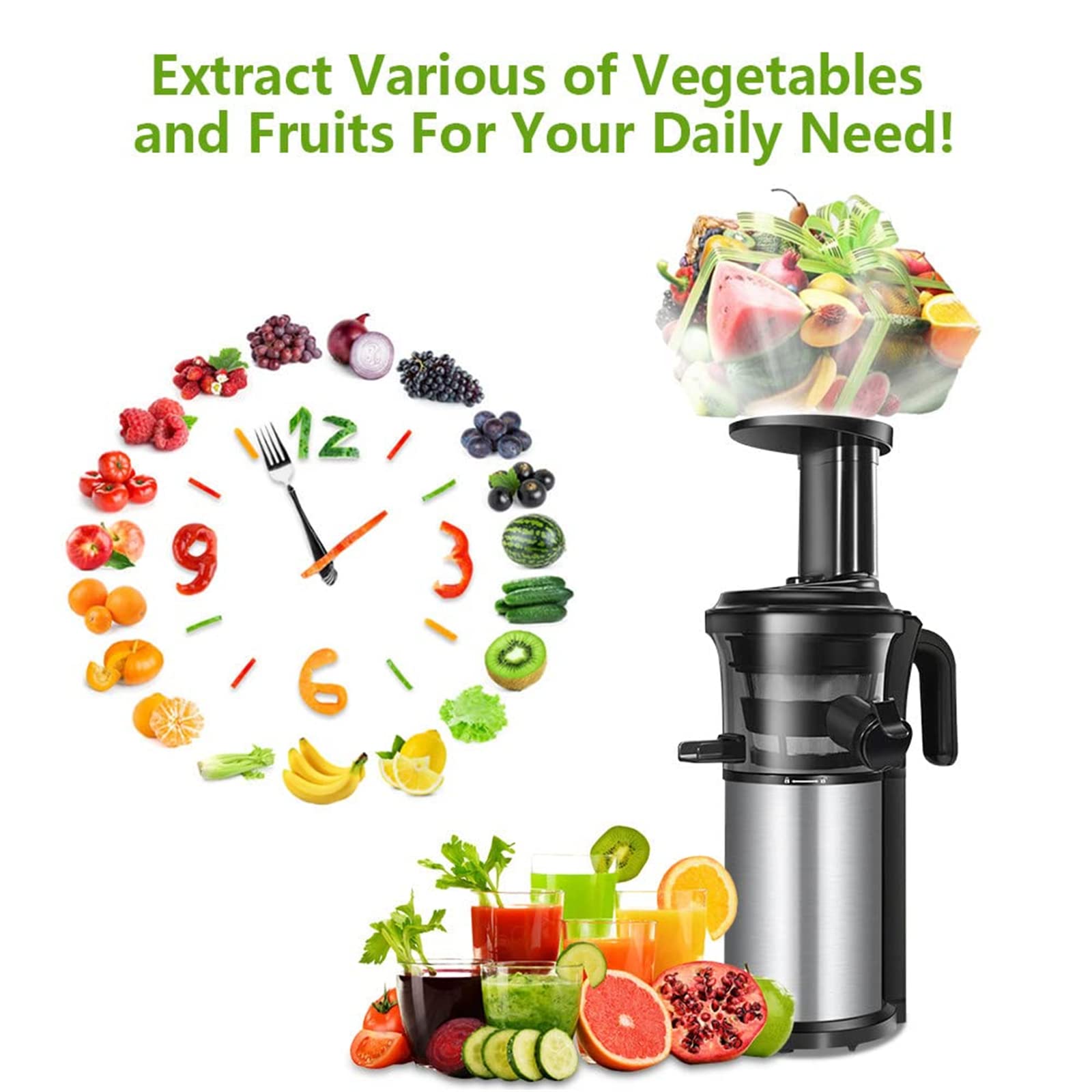 Cold Press Juicer with Quiet Motor,Slow Masticating Juicer Extractor,Reverse Function for Fresh Healthy Fruits and Vegetables Juice, Easy to Clean