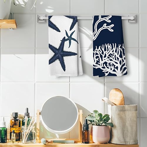 Miniatura 2 de Toallas de mano náuticas de animales oceánicos para baño, playa y cocina - Juego de 4 paños de cocina azul marino costero de 16 x 24 pulgadas