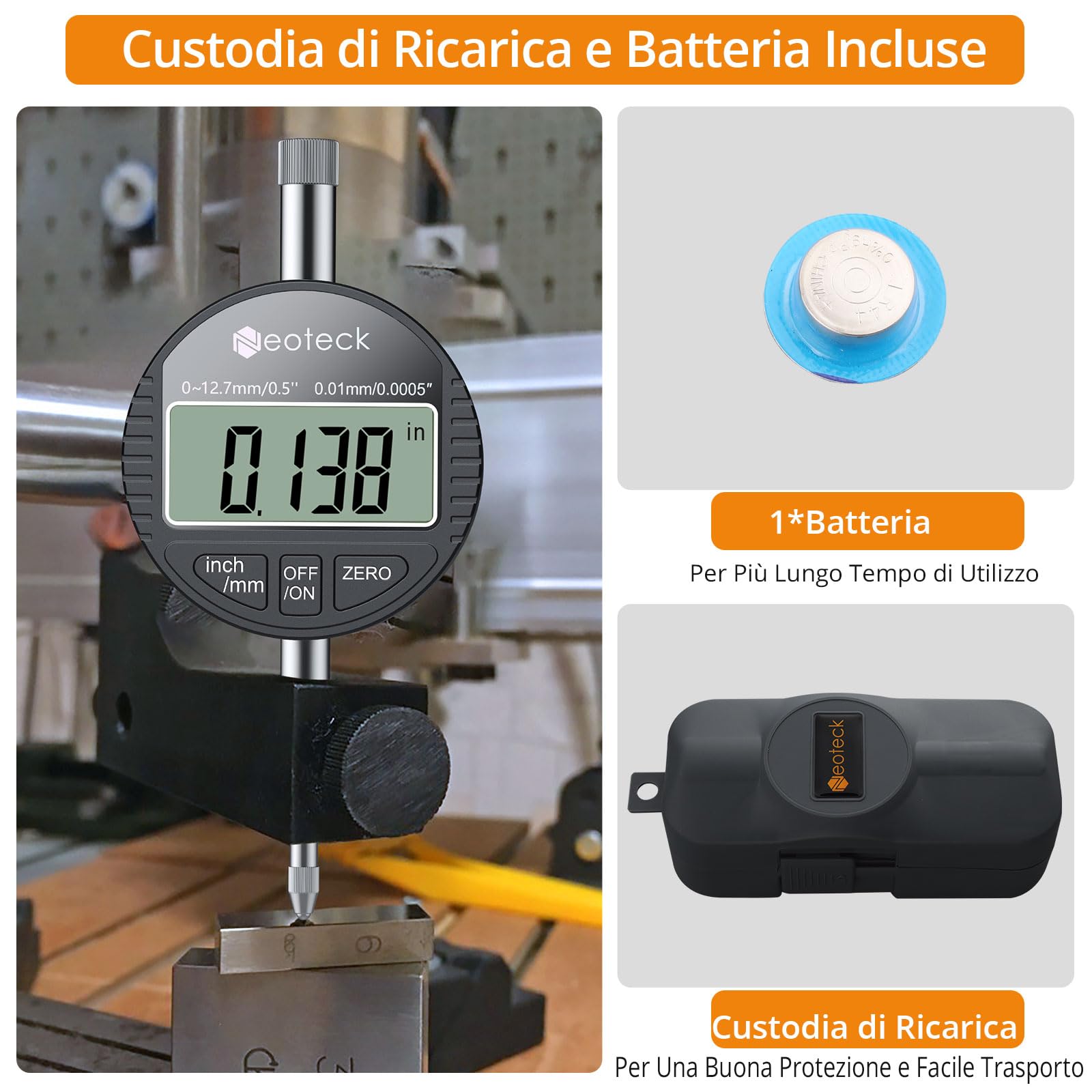Neoteck Comparatore Centesimale Digitale 0.01mm Precisione con LCD Display Calibro Indicatore di Quadrante Professionale 0-12.7mm/0.5" Commutazione mm/inch per Meccanici Officina Laboratorio