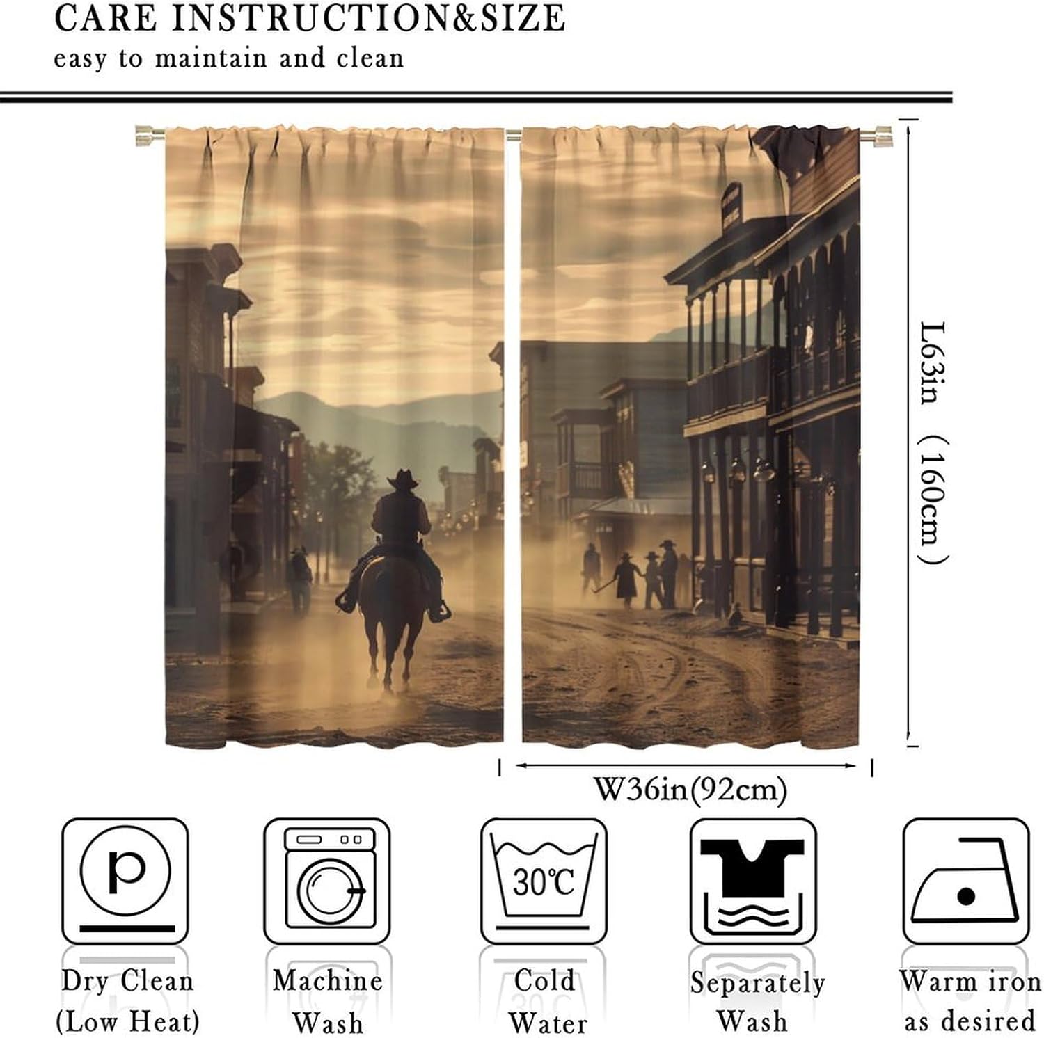 Western Town Blackout Curtains for Bedroom, Vintage Desert Cowboy Horse Curtains Rod Pocket Thermal Insulated Window Drapes for Living Room, 2 Panels/Each 36" W x 63" L