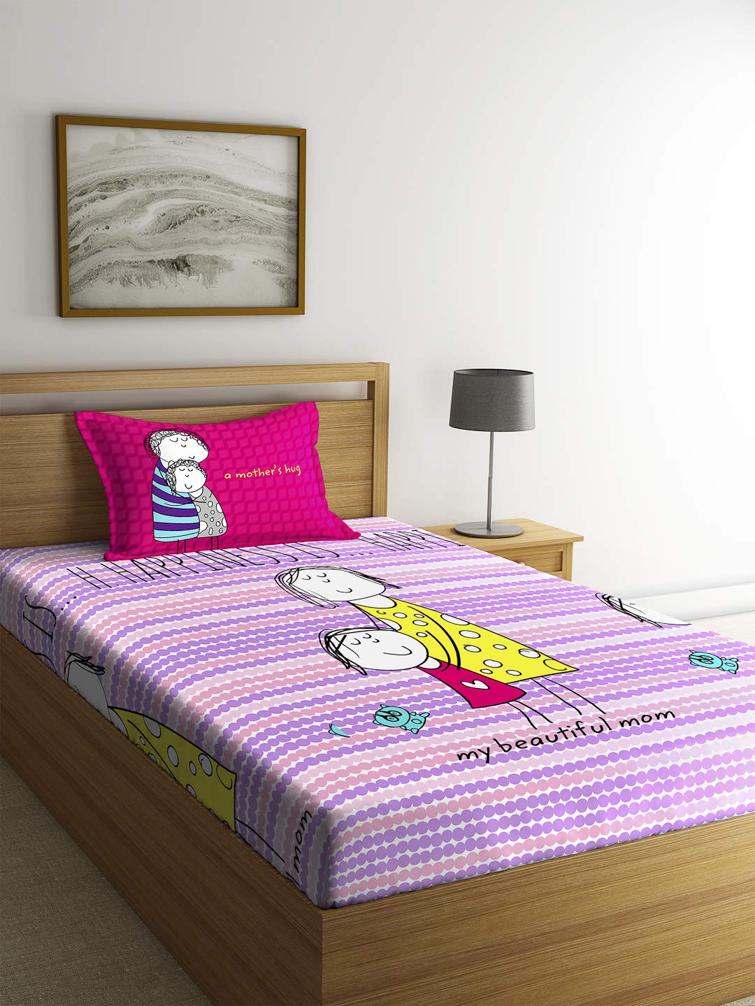 Portico Happiness Printed Cotton Single Bedsheet with Pillow Cover