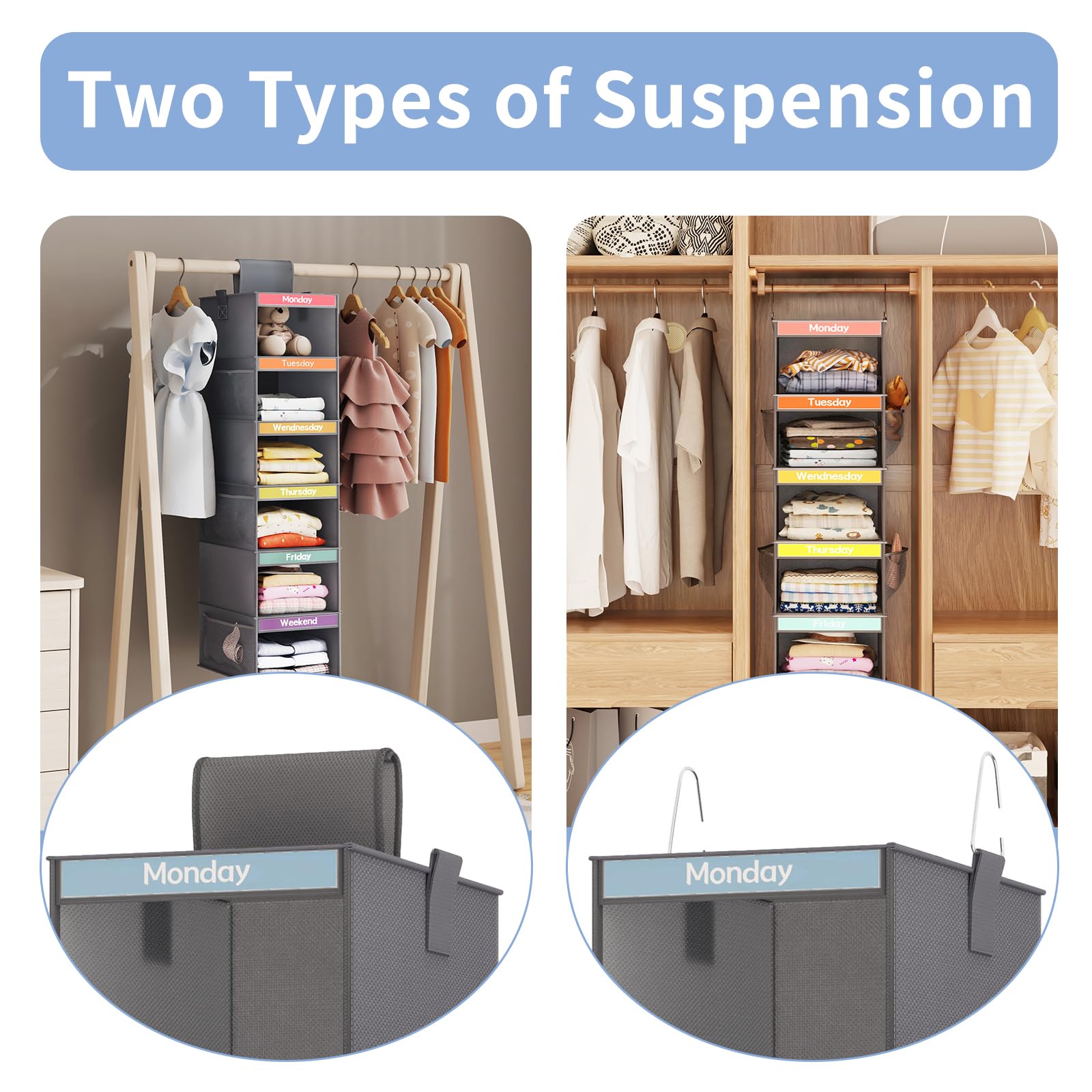 Weekly Kids Kleider-Organizer mit 6 Regalböden, zum Aufhängen, Dunkelgrau | Vliesstoff, 6 Tagesregale, 6 Netz-Seitentaschen, 2 Metallhaken, faltbares Design, für Kinder-Outfits und Zubehör
