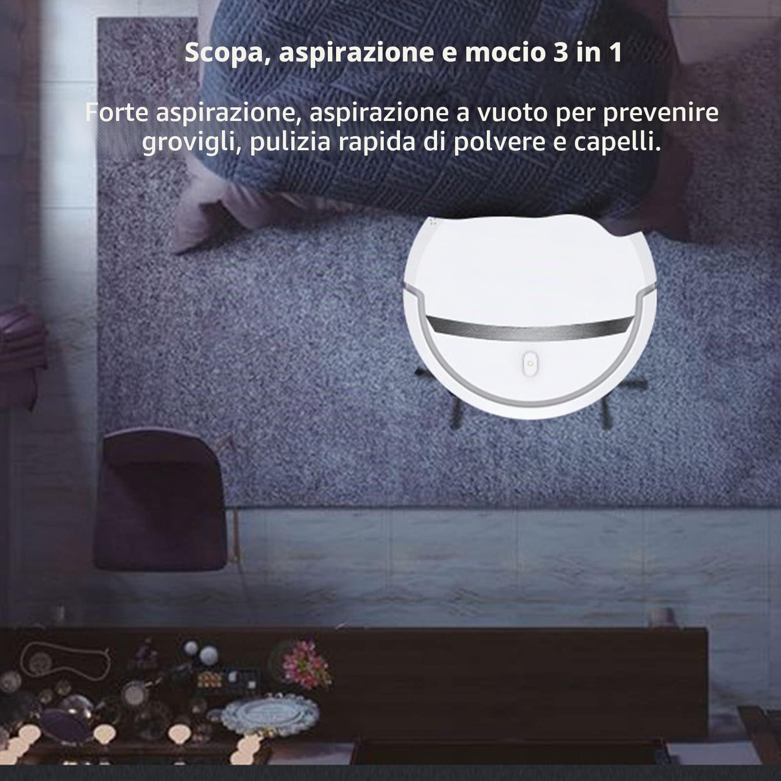 3 in 1 Smart Sweeper Aspirapolvere Automatico a Tempo Ridotto Ricarica USB Buono per peli di Animali Domestici,Robot aspirapolvere, Tappeti, Pavimenti duri, Forte aspirazione, Silenzioso(Bianco)