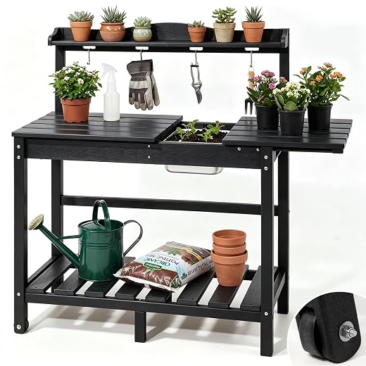 HDPE Outdoor Potting Bench with Sliding Tabletop & Removable Sink, Garden Workstation Table with Storage Shelf/Handle/ 4 Hooks/Wheels for Outside Patio Backyard (Brown)