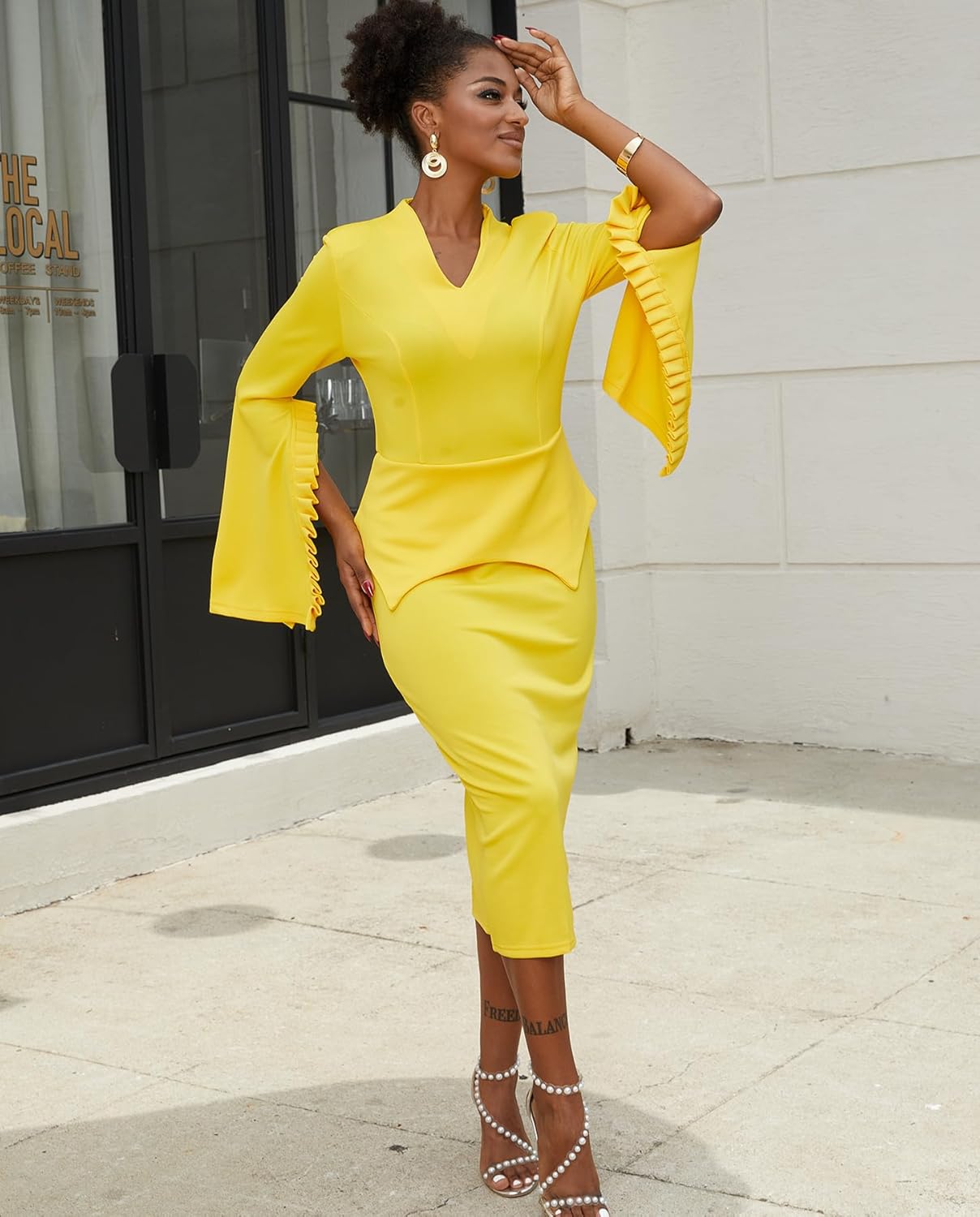 Voghtic Women Peplum Bodycon Pencil Dress Business Office Wear to Work Sheath Dress v Neck Ruffle Sleeve Church Dresses - Image 8