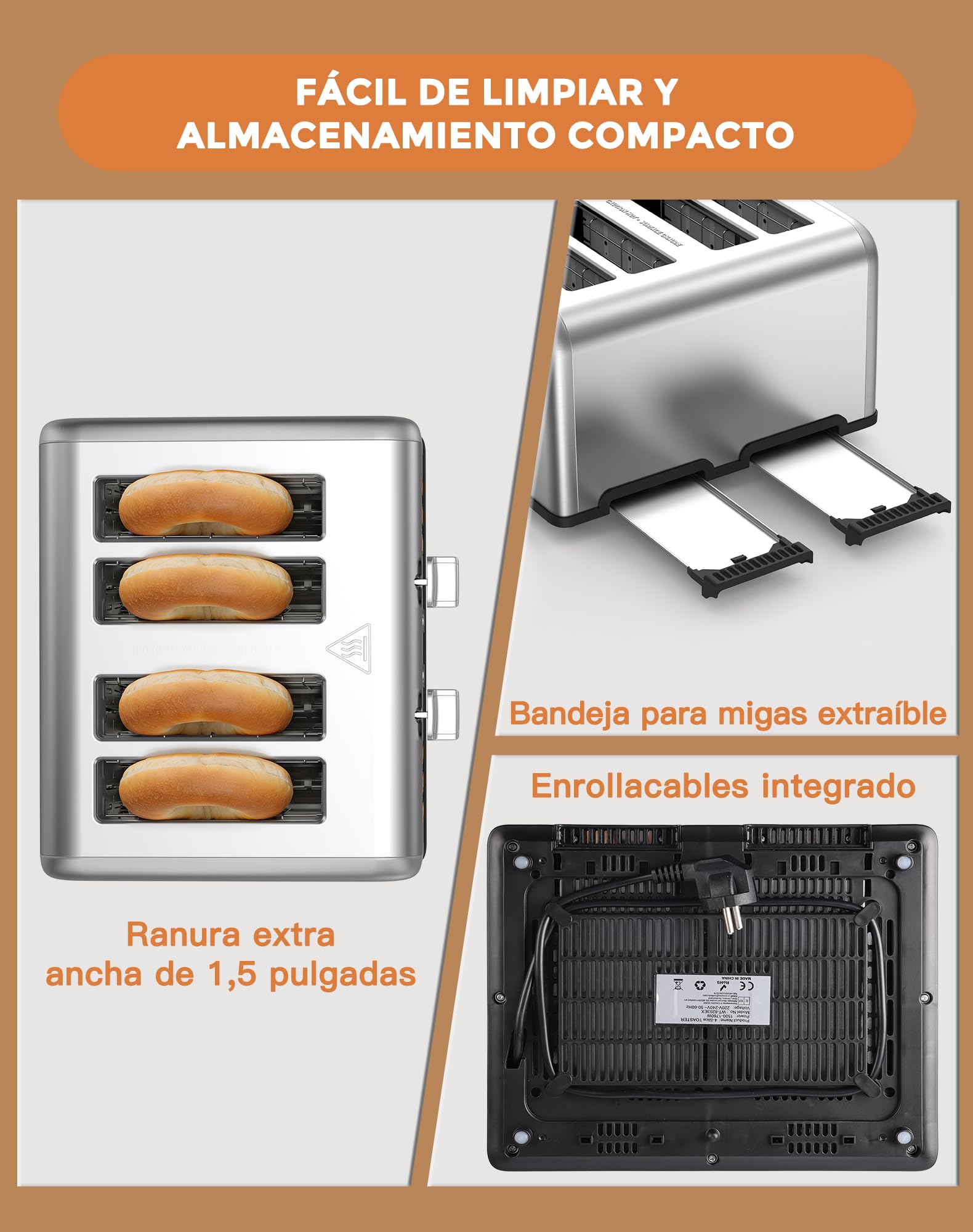 Tostadora Digital, Tostadora Pan Ranura Ancha, Pantalla Táctil, 6 Niveles de Tostado, 6 Programas de Pan, Función Descongelar y Recalentar, 4 Ranuras Anchas, Acero Inoxidable