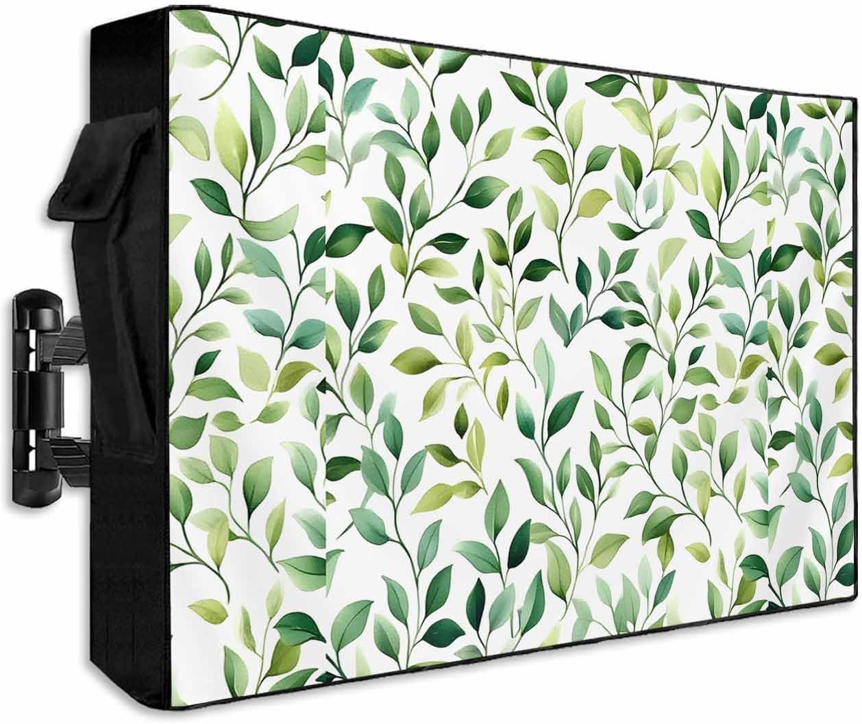 Green Eucalyptus Leaf Outdoor TV Cover 48 to 50 inch Watercolor Plant Farmhouse Waterproof Weatherproof TV Covers for Outside with Zipper Remote Control Pocket Outdoor Flat Screen Protectors