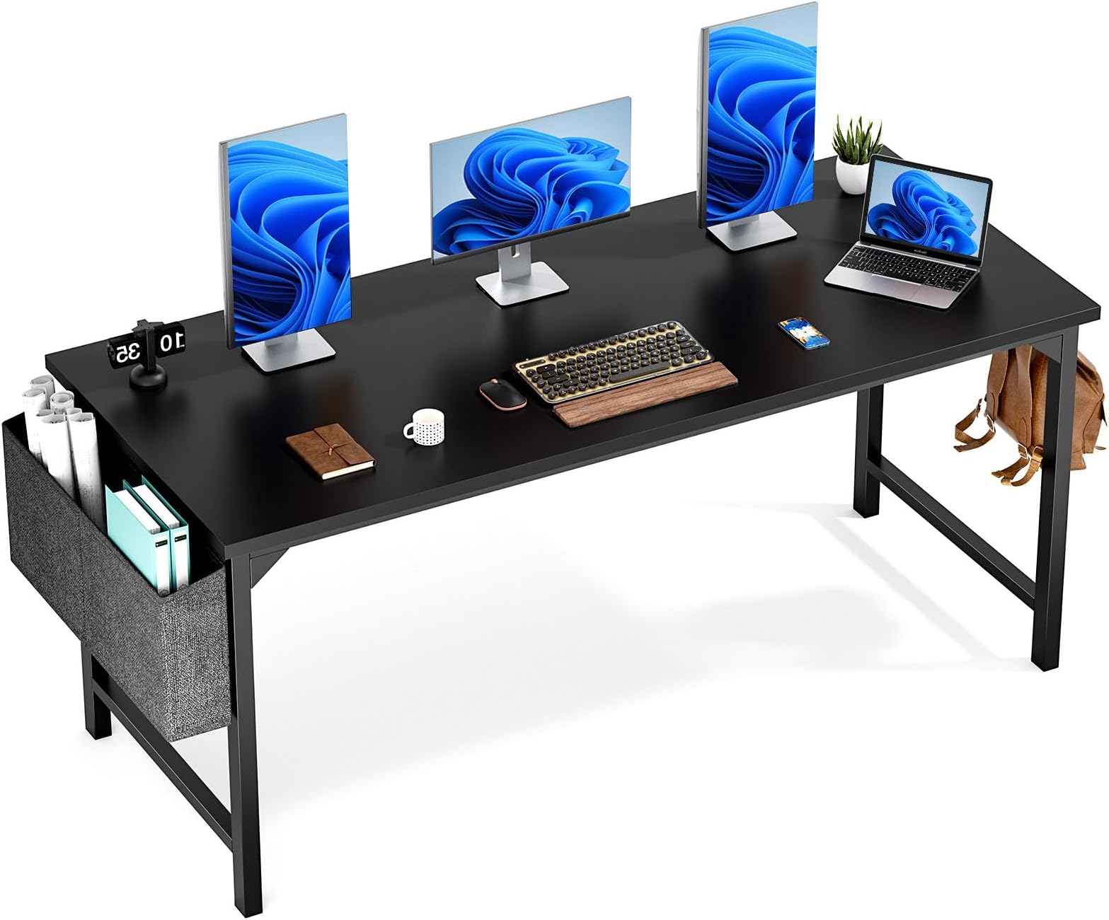 Sweetcrispy Computer Desk Office 63 Inch Writing Work Kids Study Simple Wooden PC Large Table for Home Bedroom Modern Style with Headphone Hooks & Storage Bag - Black