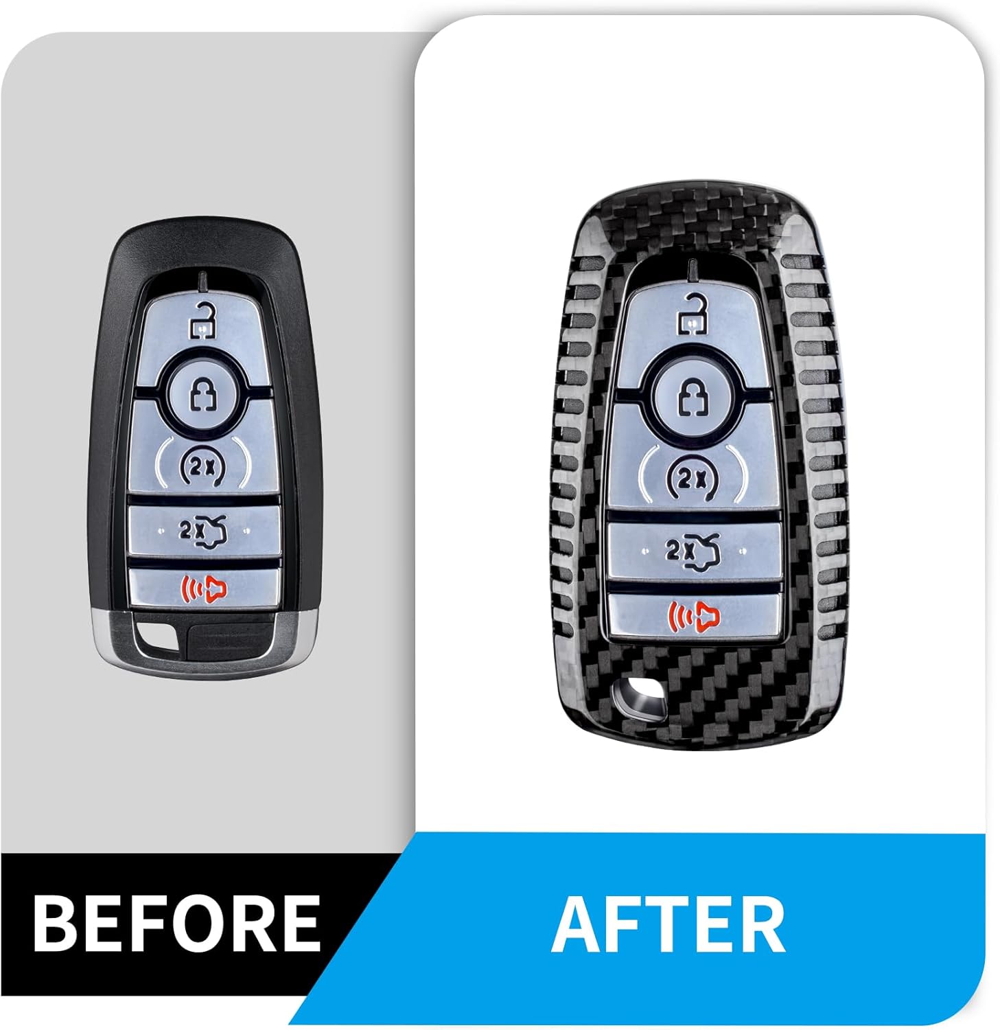 T-carbon Key Fob Cover Fits Ford F150 F250 F350 2018-2025;Real Carbon Fiber Key Case with Keychain Fits Ford Maverick Mustang Edge Explorer Escape 2024 3/4/5 Buttons Smart Remote Key Accessories