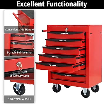 Red Metal Tool Chest with Wheels,Portable Rolling Tool Cabinet with 7 Drawers,Large Tools Chests & Cabinets with Key Locking/Pull Handle/Ball Bearing Slide for Garage Warehouse (Red+Black 7-Drawer)