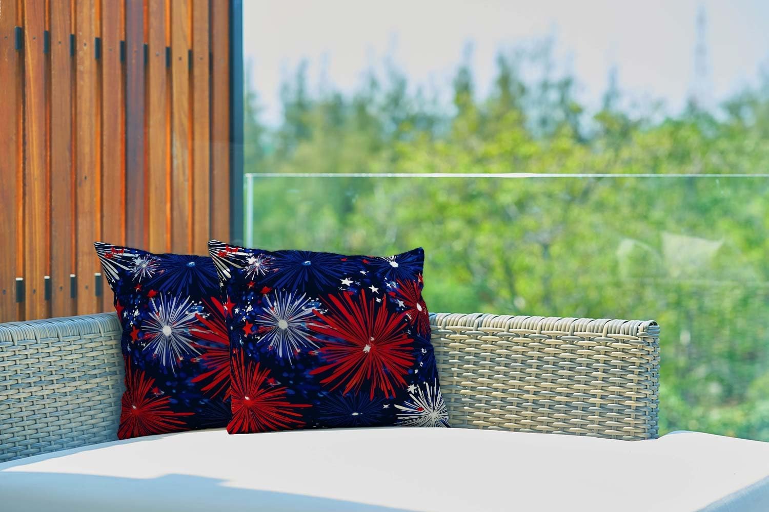 EMMTEEY Blue Throw Pillow Covers Sofa 22X22 Red Blue White Fireworks Decorative Pillowcase Square Cotton Throw Pillows Covers Set of 2 Zipper Pillow Cases for Couch Outdoor/Indoor
