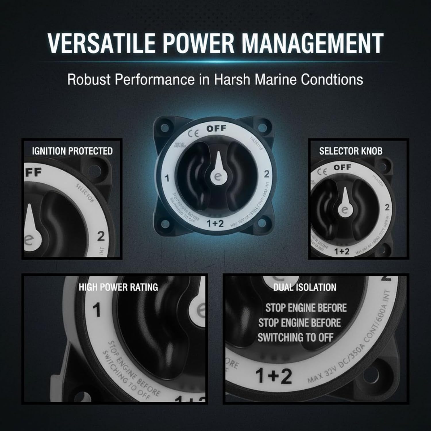 32V 350A Marine Battery Selector Switch, 4-Position Master Power Disconnect, Waterproof with Ignition Protection, Ce Certified for Boats, Cars, Rvs