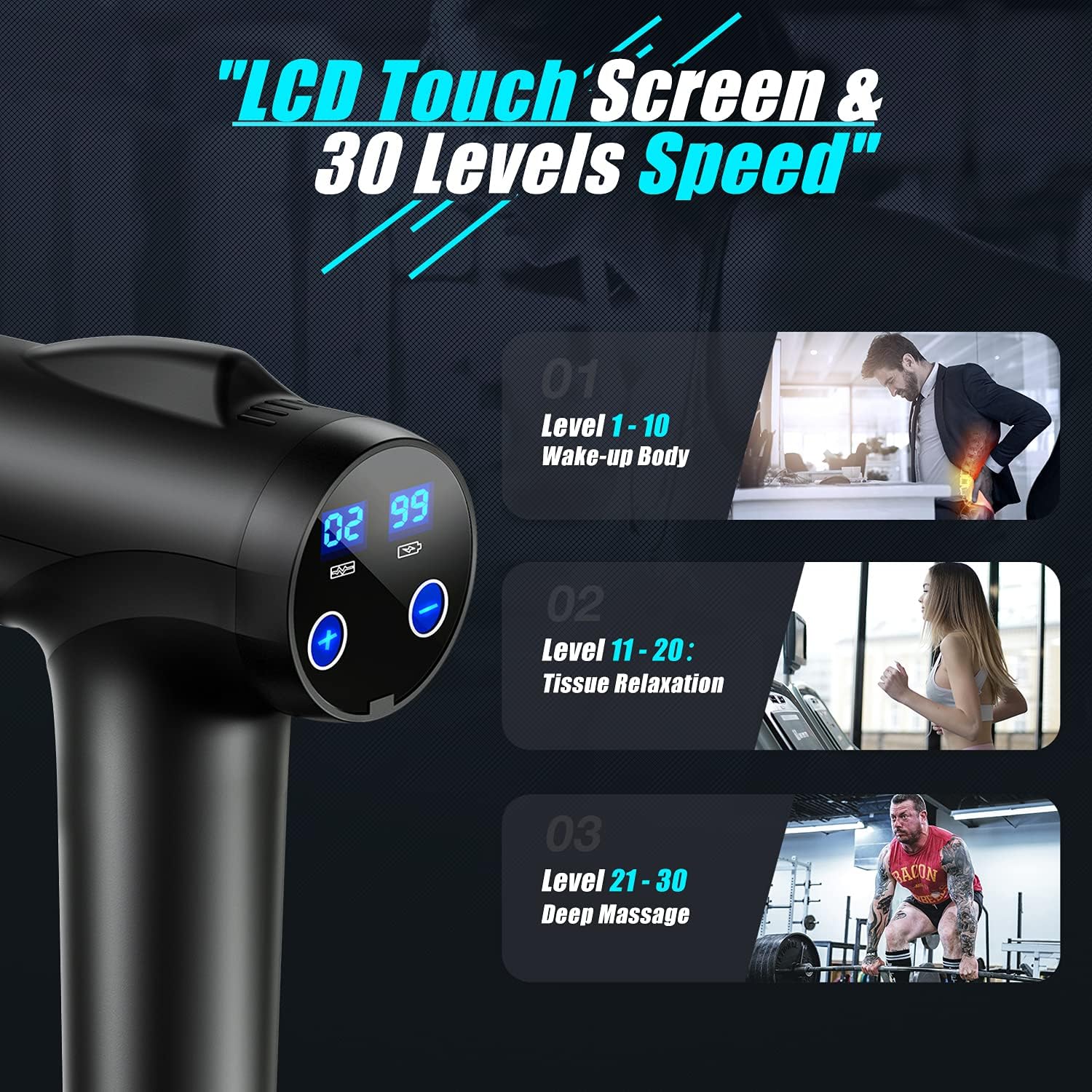 EOVCO Massage Gun, Handheld Deep Tissue Percussion Muscle Massager for Athletes, Quiet Portable Massage Gun for Pain Relief, LCD Touch Screen Electric Massage Gun with 30 Speeds & 6 Heads (Black)