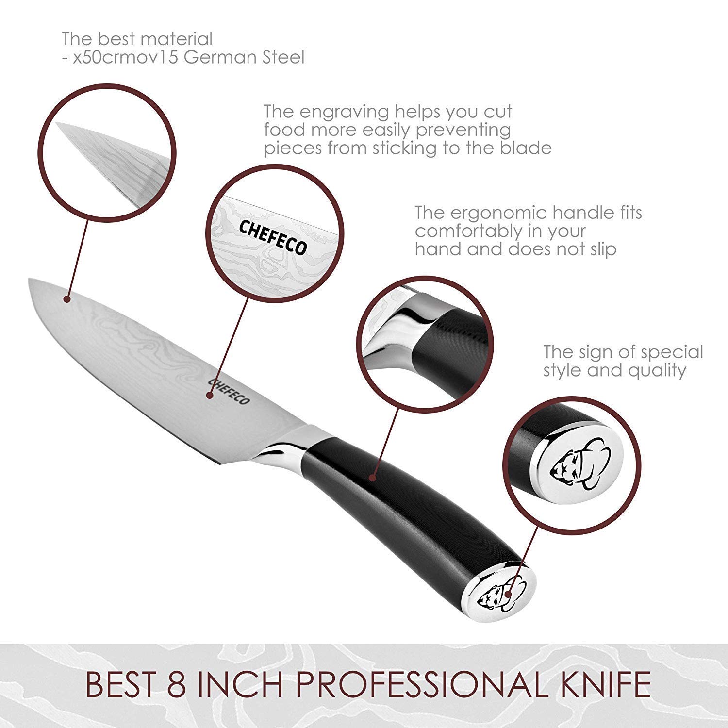 Chef Knife – 8 inch Professional Knife-Sharp, German Stainless Steel, with Ergonomic G10 Handle in our Kitchen Knife is like in Military Models – free Case, polishing cloth & Stylish Gift Box
