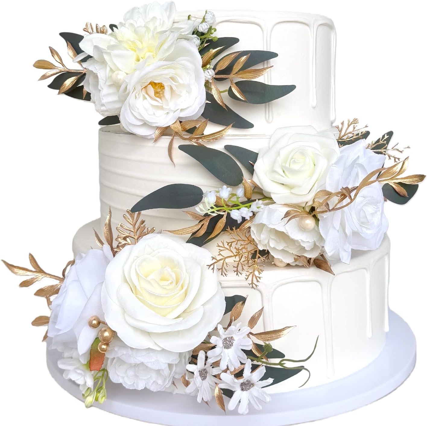 Pre-made Ivory White Gold Flower Cake Topper Decorations Artificial Flowers for Wedding Cake Cream White Rose Pearl Cake Toppers Display Boho Rustic Party Table Centerpieces Bridal Baby Shower
