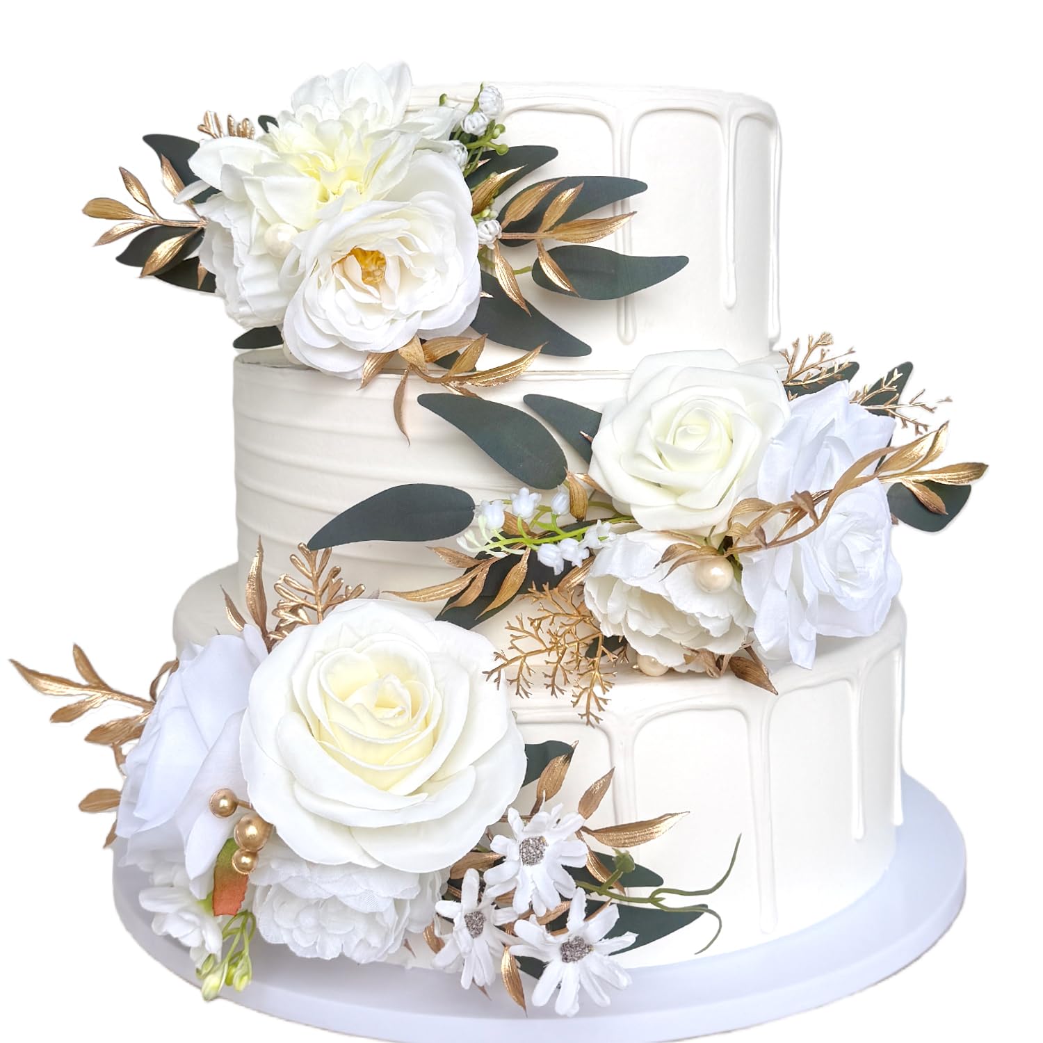 Pre-made Ivory White Gold Flower Cake Topper Decorations Artificial Flowers for Wedding Cake Cream White Rose Pearl Cake Toppers Display Boho Rustic Party Table Centerpieces Bridal Baby Shower