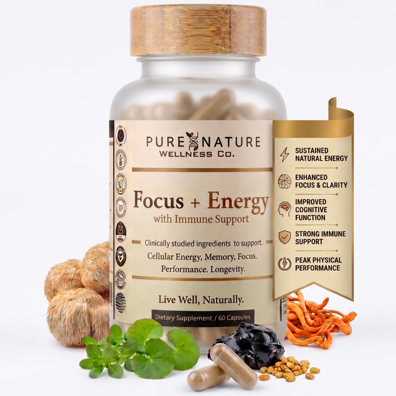 Focus+Energy Nootropic: Memory, Recall, NGF, Cellular ATP & Muscle Support -6-in-1 Organic Mushroom Complex- Advanced Brain Health-Natural Cellular Energy-Caffeine Free Biohack