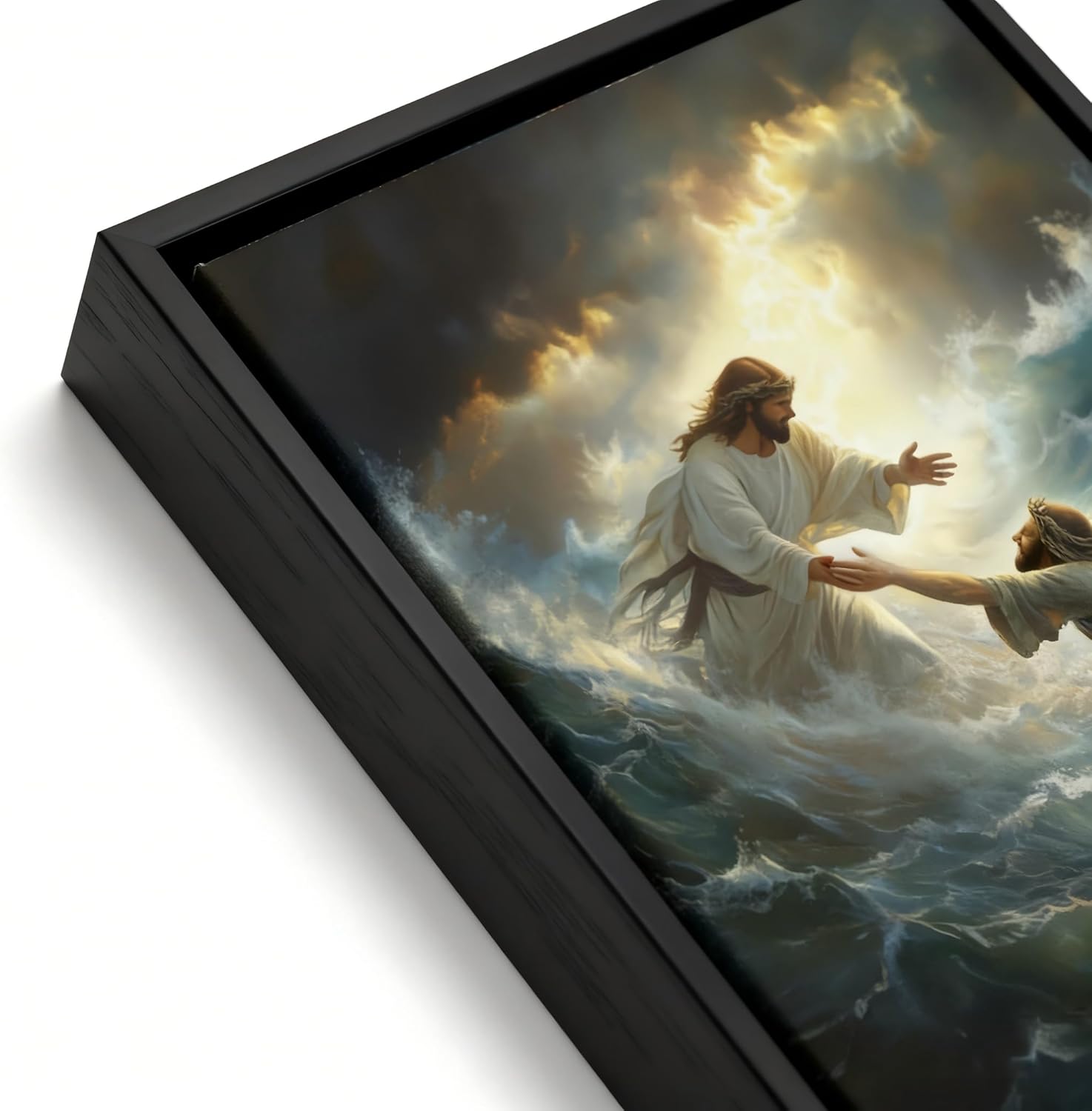 Framed Jesus Saving Peter Wall Art, Jesus On The Sea Wall Decor,Christian Inspiring Savior Canvas Poster,Faith Themed Home Canvas Prints For Suitable For Living Room Bedroom Office 12x16 inch