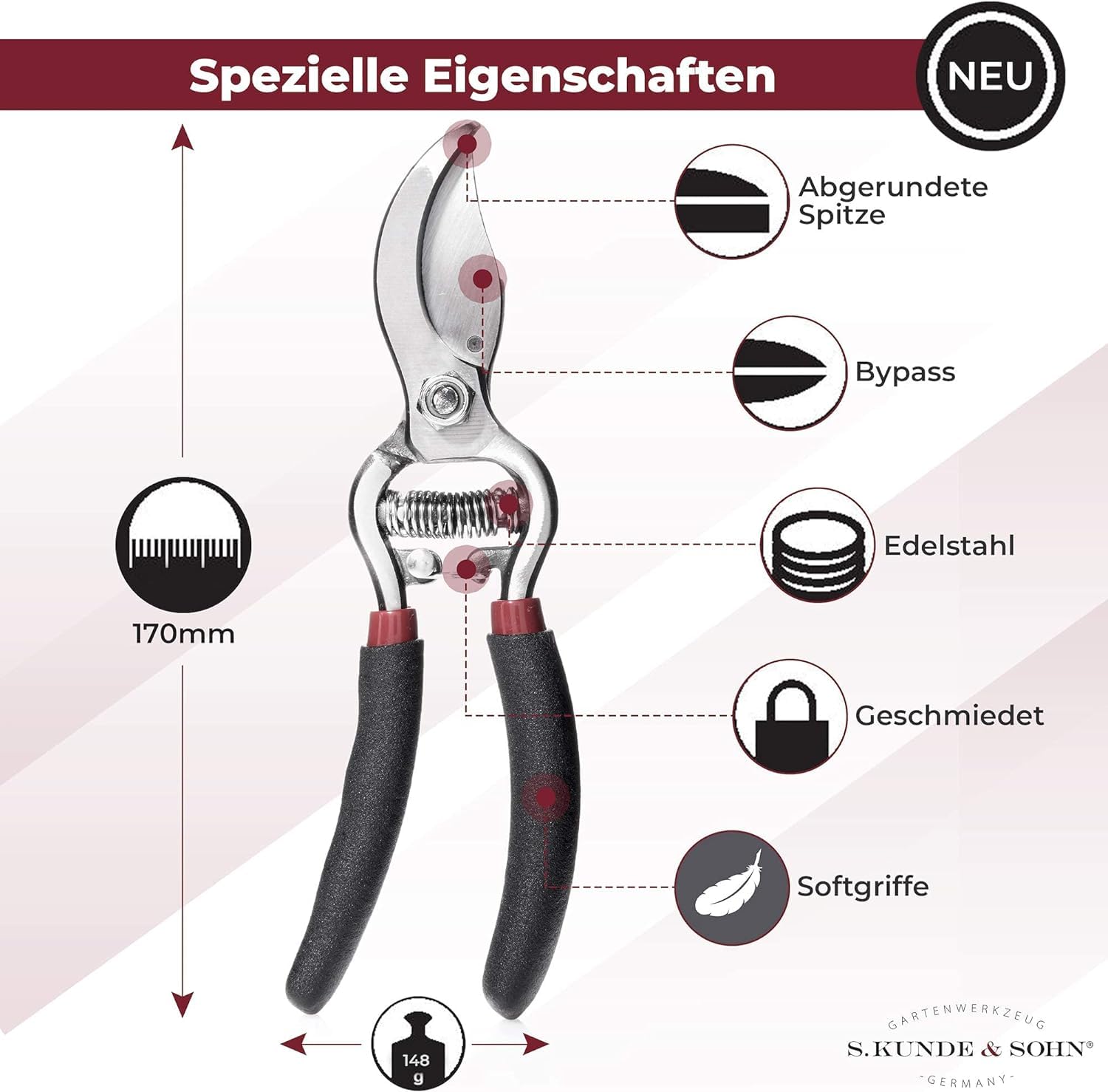 SKS – die leichteste geschmiedete Gartenschere 2x SKS6 Tradition + 2 Ersatzklingen GRATIS – ergonomisches Design – Bypass – Rosen-Rebschere – frische Äste & Zweige bis 20mm