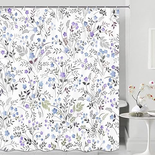 JAWO Cortina de ducha floral de primavera, cortinas de ducha florales de acuarela púrpura y blanca, accesorios de bañera de hojas verde azulado para