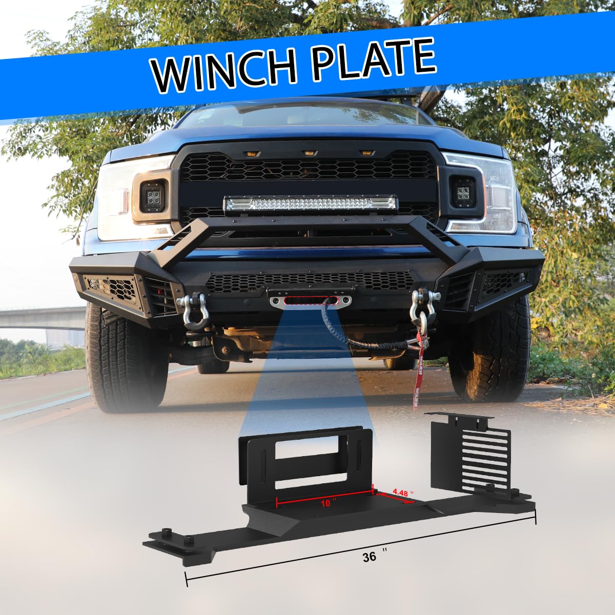 Winch Mounting Bracket Plate for 2015-2023 Ford F150 (Excl. Raptor) , Universal Compatibility, Bolt-On, No Cutting, Fits EcoBoost, 12,500 lbs Winch Capacity, Winch Control Relocation Kit Included