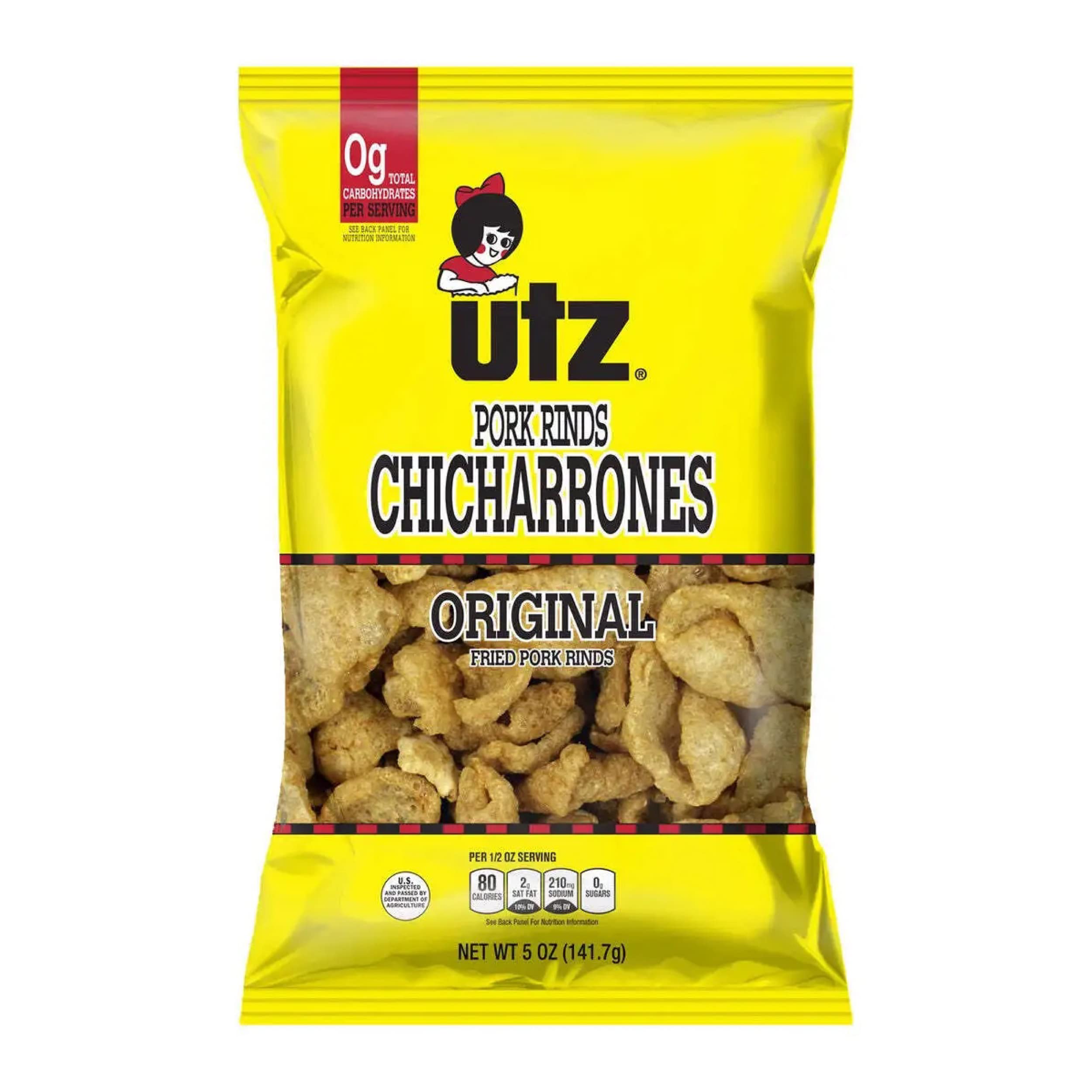 Utz Pork Rinds, Original Flavor - Keto Friendly Snack with Zero Carbs per Serving, Light and Airy Chicharrones with the Perfect Amount of Salt, 5 Ounce (Pack of 12)