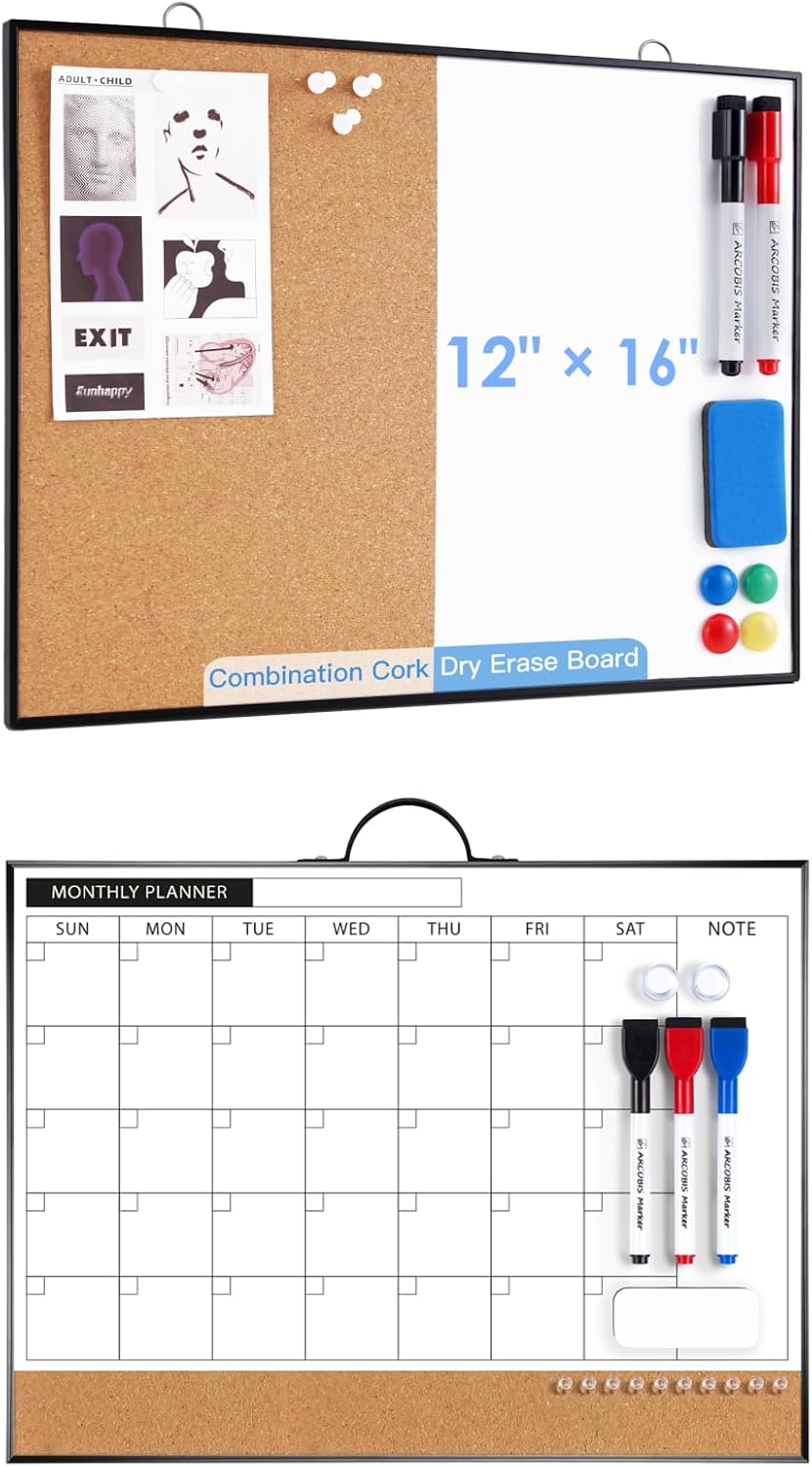 ARCOBIS Cork Board White Board Combo, 12"X16" Small Bulletin Board for Wall and Monthly Calendar Whiteboard Dry Erase Cork Board Combination for Wall, 12"x16" Magnetic Dry Erase Board