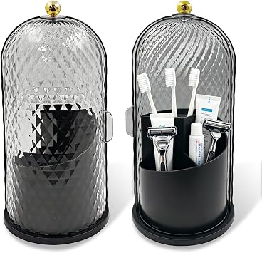 360 Rotating Toothbrush Holder with Cover, Dustproof Bathroom Countertop Organizer for Toothbrushes, Toothpaste, Floss Picks and Dental Accessories