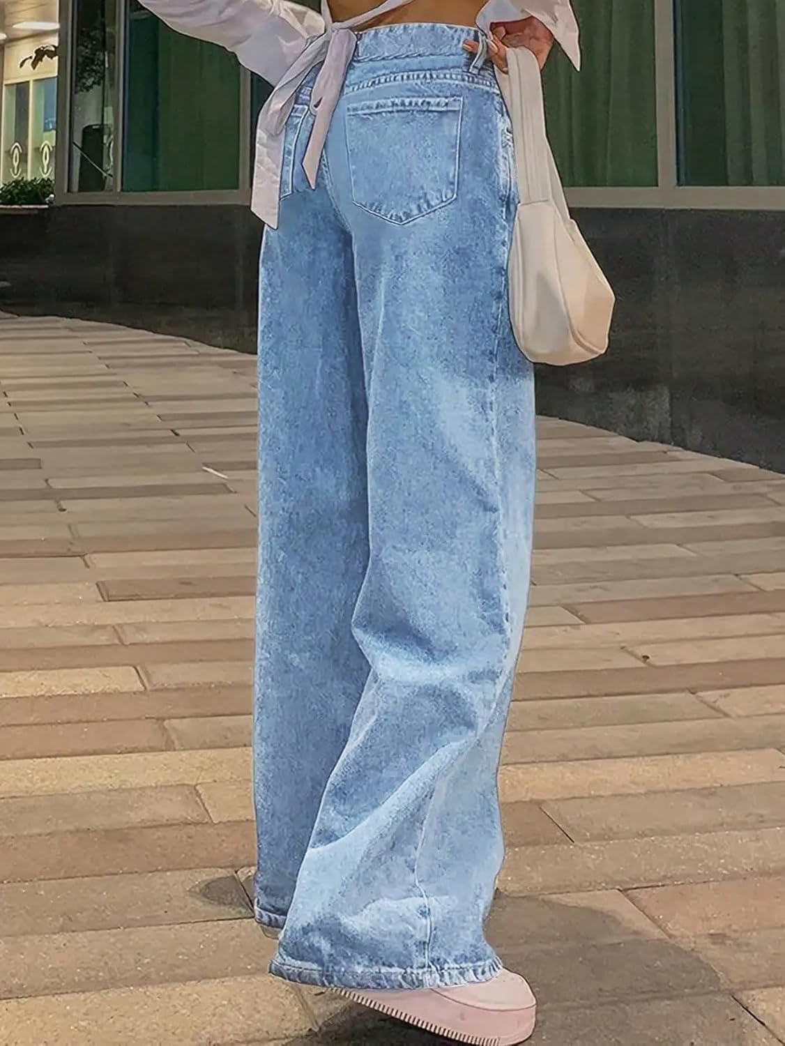 Straight Leg Jeans for Women Casual Washed Vintage Wide Fit Boyfriend Baggy Low Waisted Denim Pants with Snap-Button - Image 5