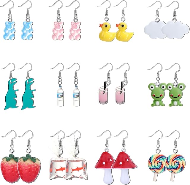 Finrezio 12 Pairs Stainless Steel Ear Hook Resin Drop Earrings Gummy Bear Earrings for Women Girls Jewelry Eardrop Cute Earrings Novelty Earrings Set