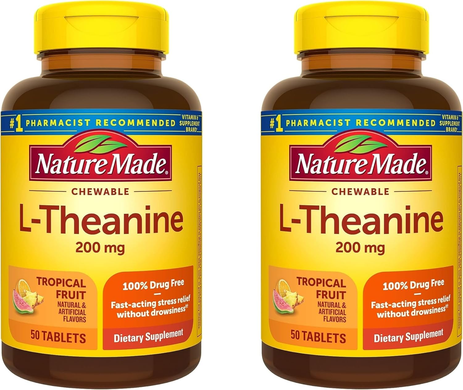 Nature Made Chewable L Theanine 200mg, L-Theanine Supplement for Stress Relief, 50 Chewable Tablets, 50 Day Supply (Pack of 2)