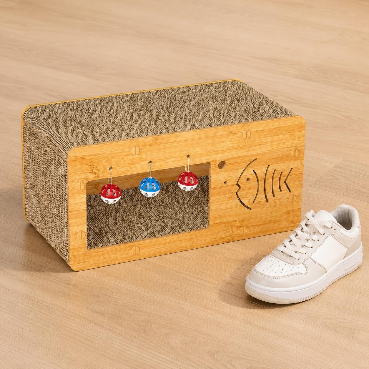 Kratzbaum mit Hausstruktur Robusten Kratzflächen Integriertem Katzenbett Und Dekorativen Öffnungen aus Wellpappe für, Einzelnes TV-Gerät, 55 x 28 x 26 cm