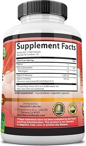 Miniatura 4 de NaturaLife Labs D-manosa orgánica 1300 mg con extracto de arándano 100 mg - 100 cápsulas veganas - Sin OMG, sin gluten, vegano