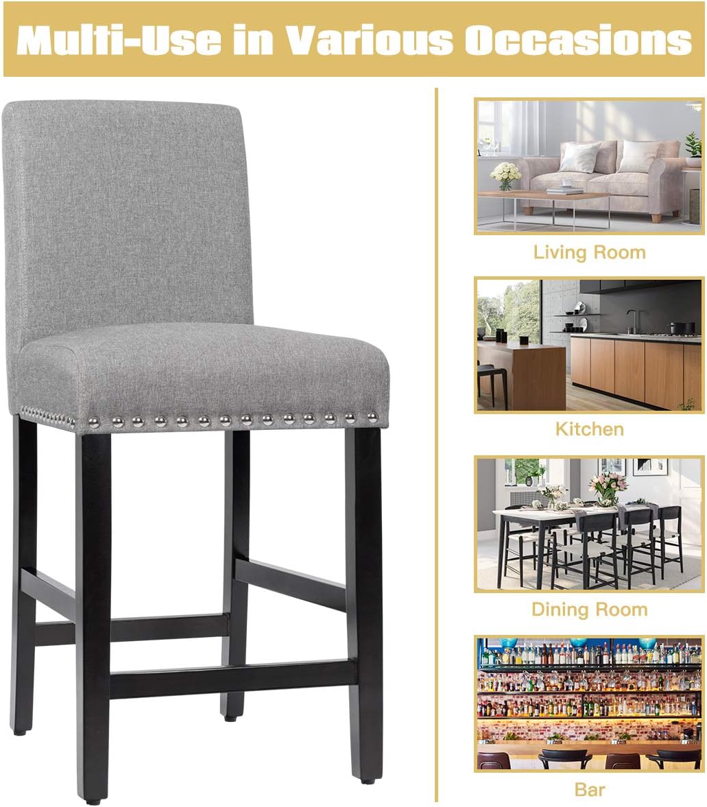 S AFSTAR Set of 4 Dining Chairs, Upholstered Fabric Stool with High Resilience Sponge Seat and Rubber Wood Legs, Mid Century Counter Height Stools for Kitchen Dining Room (Gray, 4)