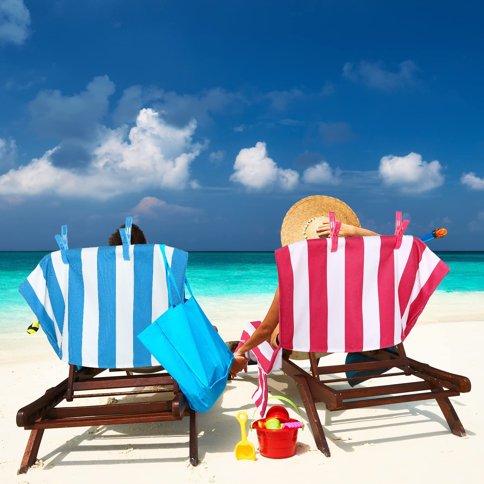 4 Pack Pool Chair Towels Cover with 8 Clips Oversized Stripe Beach Chaise Covers Lounge Chair Cushion Towel with Fitted Pockets Cotton Terry Cover Towel for Garden Patio Sunbathing, 82.7 x 28.7 Inch 4
