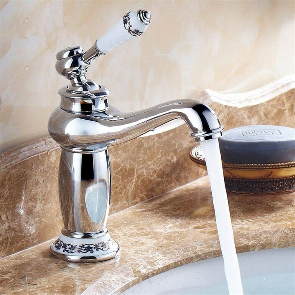 Iriisy Antique Retro Brass Mixer Tap Vintage Porcelain Basin Mixer Tap Single Lever Mixer Bathroom Kitchen Faucet (Silver)