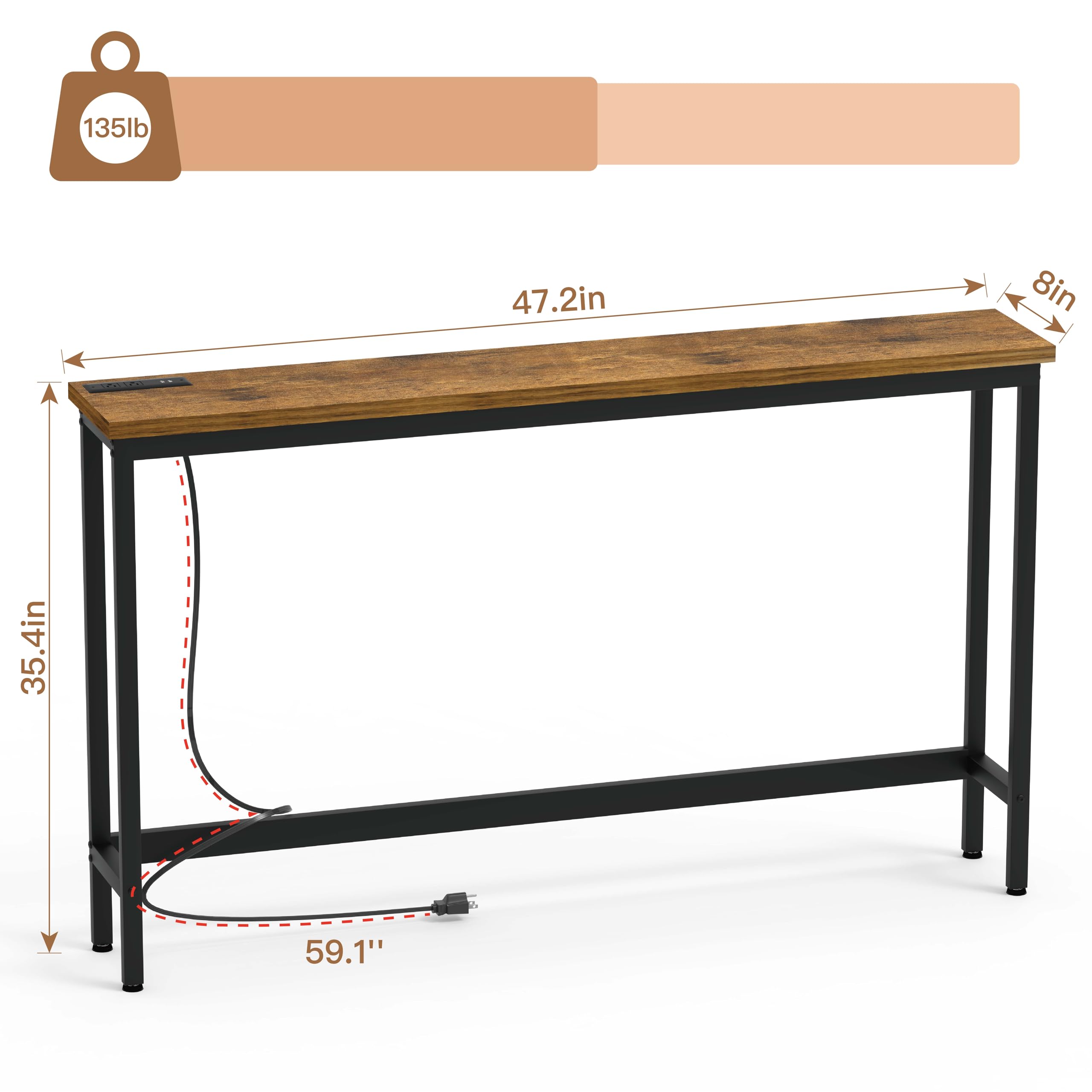 Mesa de sofá de 35 pulgadas de alto, mesa consola estrecha con tomacorriente, mesa de sofá para entrada, pasillo, sala de estar, color marrón 4