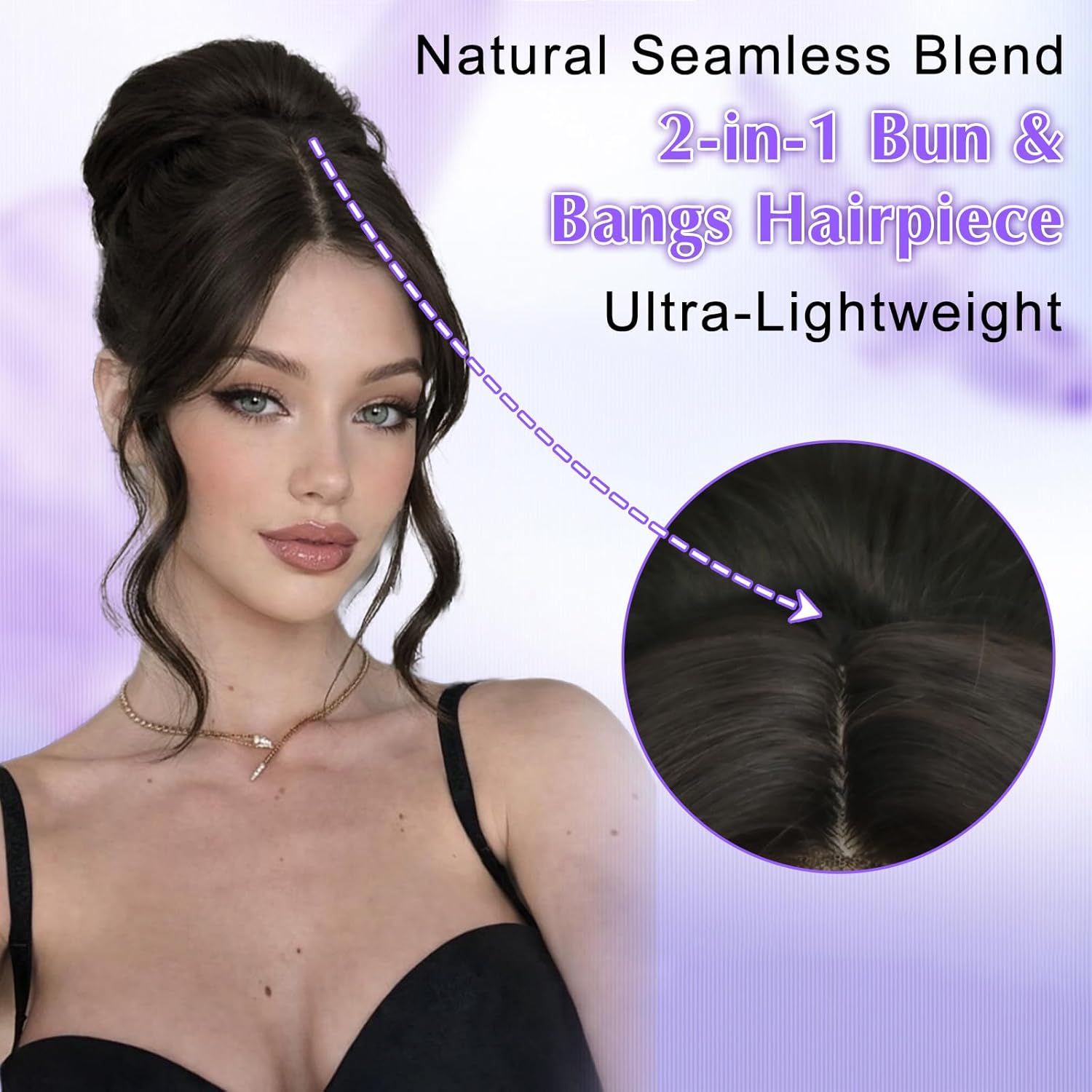 Black Brown 2-in-1 Messy Bun Hairpieces Ponytail Wig with Bangs Drawstring Ponytail Updo Wig Synthetic Hairpieces for Women Hair Topper with Lace Side Bangs Natural Looking Lightweight