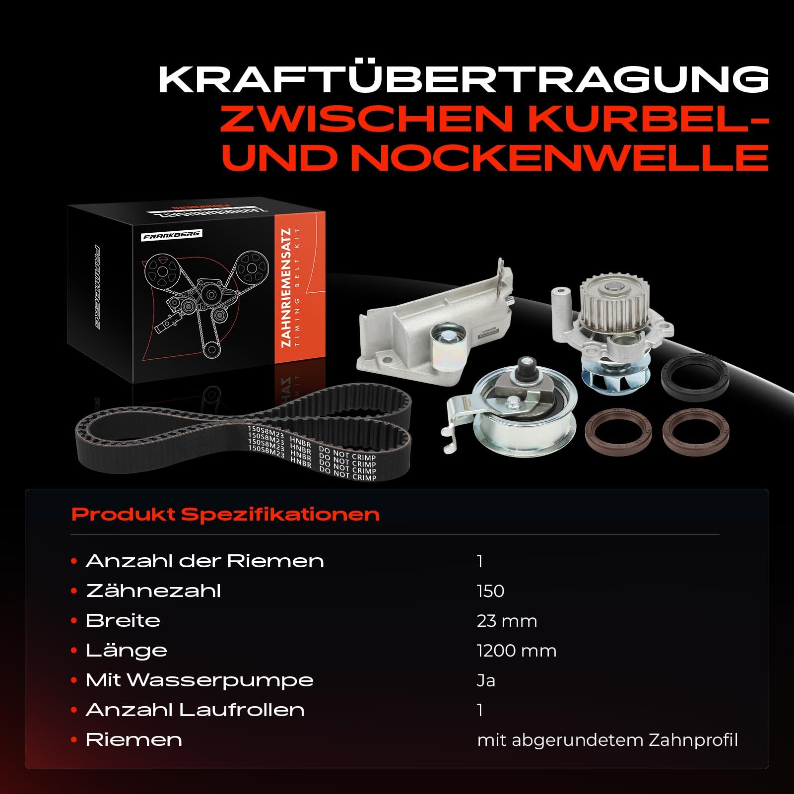 Frankberg Zahnriemensatz Zahnriemen Wasserpumpe Kompatibel mit A3 8VM 8VS A4 8K2 8W2 8WC Pas.sat 3G2 CB2 Golf VII 5G1 BE1 BE2 BQ1 Cad.dy IV SAB SAJ Oct.avia III Leon 5F1 Tou.ran | Kompatibel mit T.o.u.r.a.n 5T1, A3 Limousine 8VM 8VS, O.c.t.a.v.i.a III 5E3