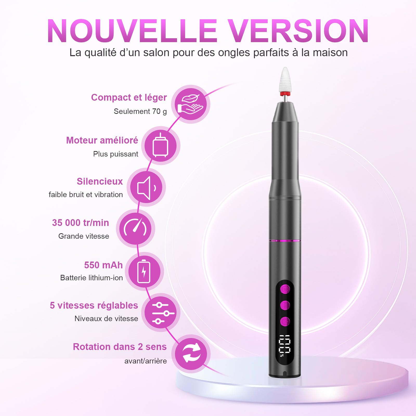 POFIBO Ponceuse pour Ongles Professionnel - 12 en 1 Lime a Ongle Electrique 35000RPM avec LCD écran Numérique, sans fil, 5 vitesses réglables - Kit de Manucure Pédicure Rechargeable Vitesse