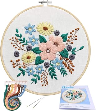 KISSBUTY Embroidery Starter Kit with Pattern, Stamped Embroidery Cloth, Bamboo Hoop, Color Threads Needle Kit Floral