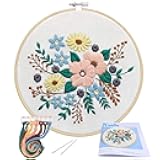 Embroidery Starter Kit with Pattern, Stamped Embroidery Cloth, Bamboo Hoop, Color Threads Needle Kit (Floral)