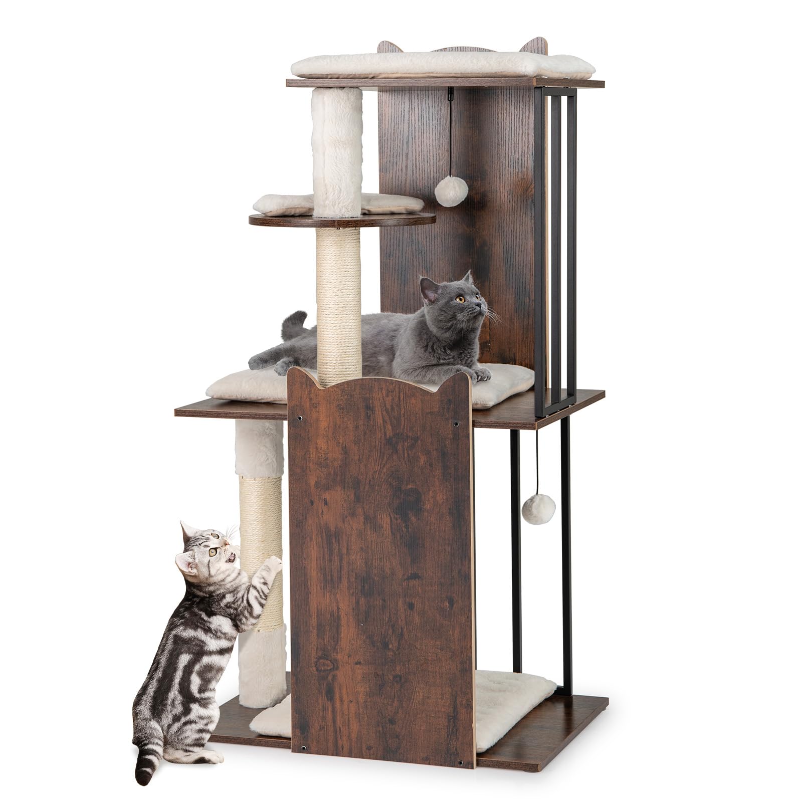 COSTWAY Wooden Cat Tree, Cats Climbing Tower with Sisal Scratching Posts, Hanging Balls, Removable Cushions, Indoor Multi-Level Kitten Activity Center (112cm Tall)