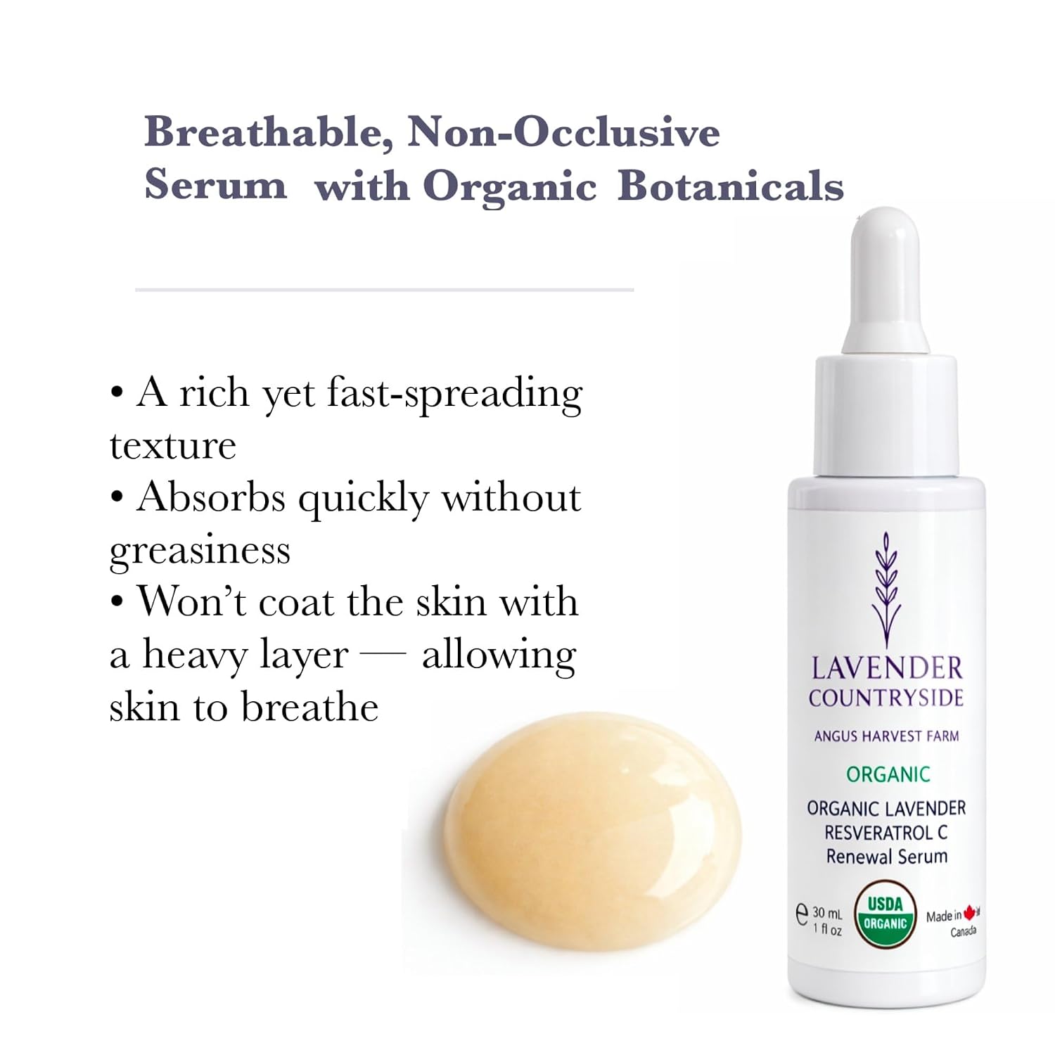 USDA Organic Resveratrol Face Serum, Anti-Aging Botanical Antioxidant, Infused with Lavender, Helps Smooth the Look of Fine Lines & Redness, Firms, Brightens & Evens Tone