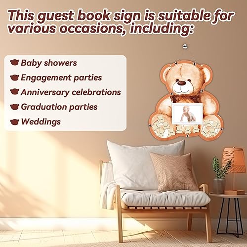 Miniatura 7 de Alternativas de libro de invitados para baby shower con marco de fotos, 64 piezas de oso de peluche, decoración de baby shower, libro de invitados