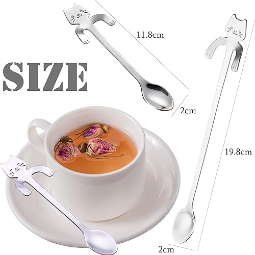 Miniatura 2 de PBIEHSR - Cuchara de café para gatos, taza colgante de acero inoxidable, cuchara de té de dos longitudes diferentes, cuchara de postre para revolver