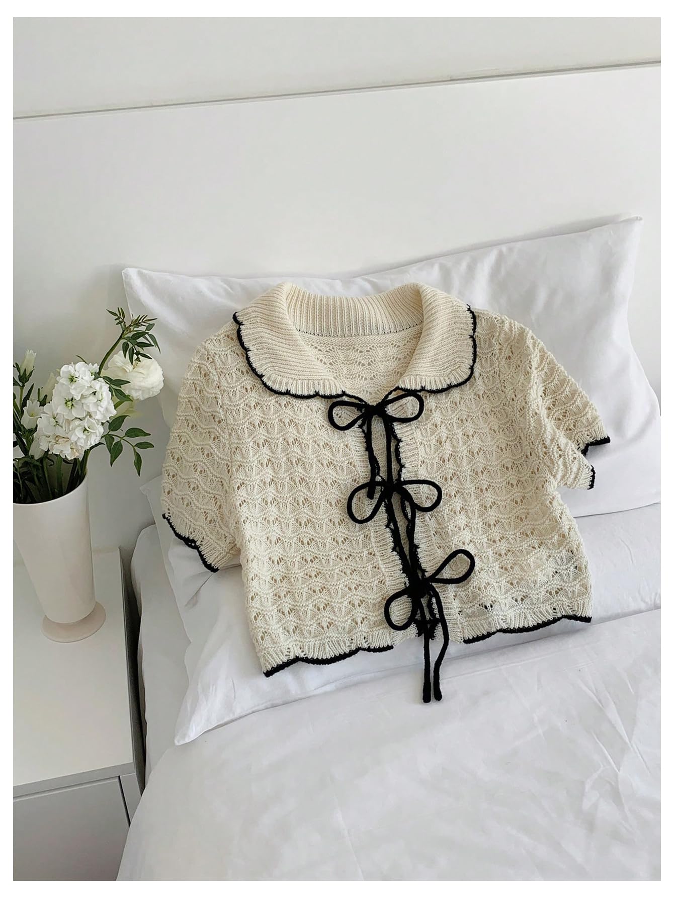 Floerns Women's Tie Front Tops Knitted Cropped Blouses Collared Short Sleeve Cute Shirts