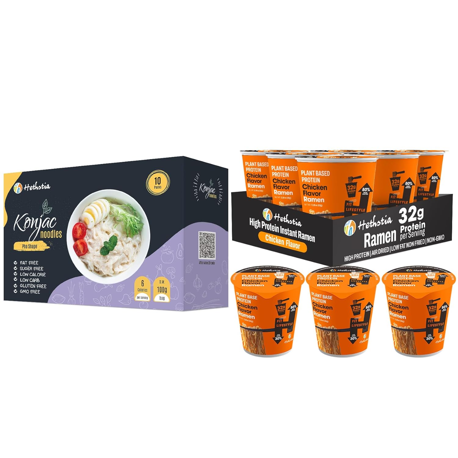 Hethstia Vegan Pho Konjac Noodle & High Protein Chicken Ramen Bundle – Low Carb, Low Calorie Shirataki Pho & 6-Pack 32g Plant Protein Chicken Ramen Soup Cups, Keto, Gluten-Free, Non-GMO, Healthy Quick